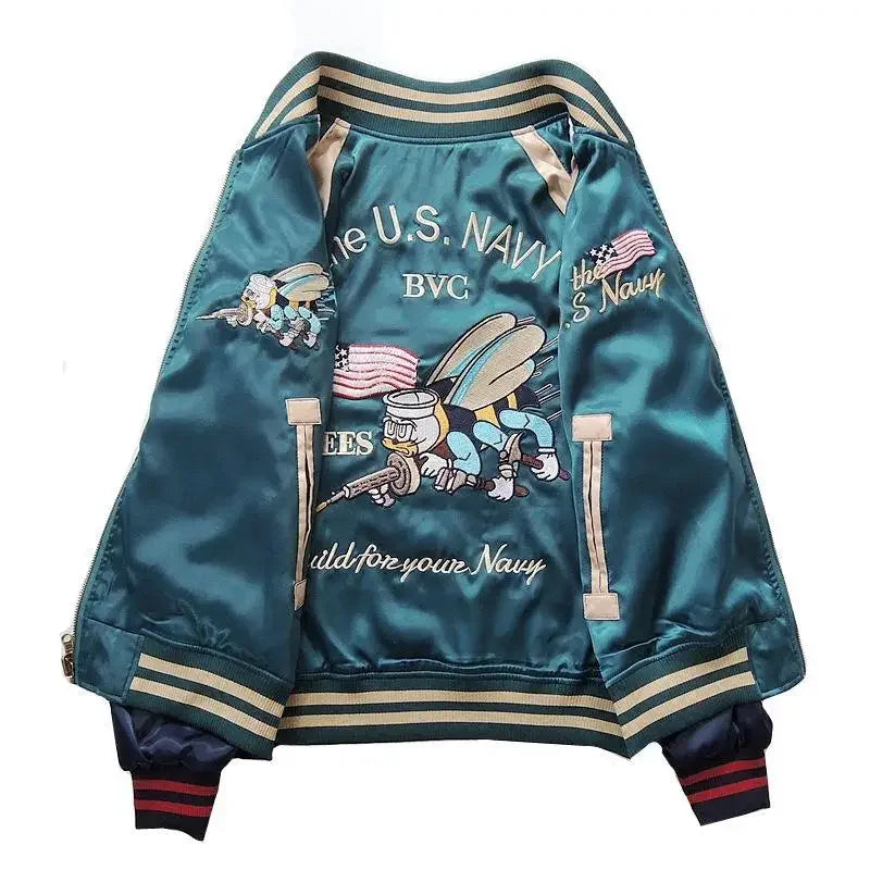 Harajuku Lovers Couples Bees Embroidery Reversible Jacket Faux Silk Baseball Satin Bomber Jacket Spring Double-sided Streetwear