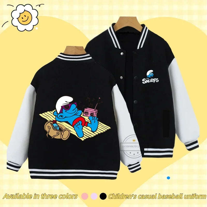 Smurfs Anime Men and Women's Casual Fashion Sports Baseball Jacket Cardigan Sweatshirt Jacket 3-14 Years Old Autumn