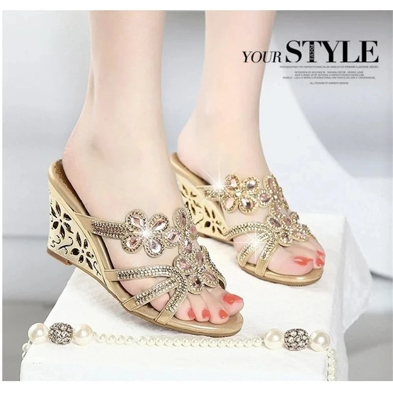 New Summer Fashion Genuine Leather Crystal Wedges Sandals