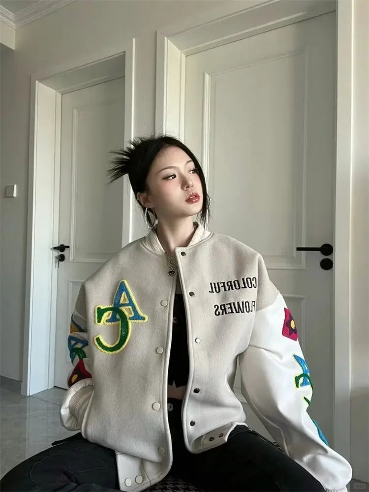 Retro American Embroidered Baseball Uniform Tide Ins Autumn And Winter Korean Version Of Loose Women's Jackets Sweet Coat Women