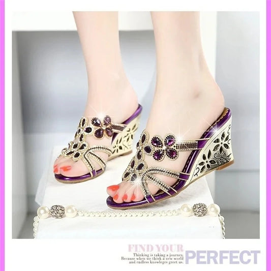 New Summer Fashion Genuine Leather Crystal Wedges Sandals