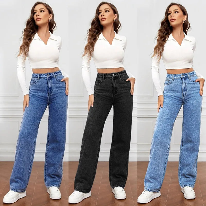 Europe and America New Fashion Washed High-waisted Jeans, Women's Spring and Summer New Straight Pants, Casual Wide-leg Pants