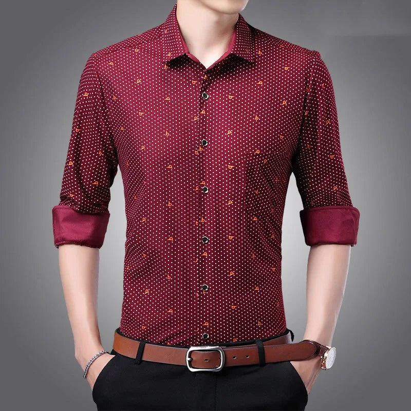 Spring Autumn Men's Turn-down Collar Plaid Stripe