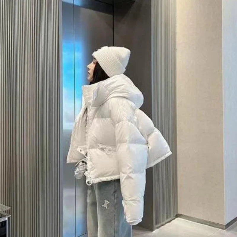 Women's Down Jacket Hooded Short Parka Fashion Big Zip Design Street Trend 2024 New White Duck Down Thickened Bread Down Jacket