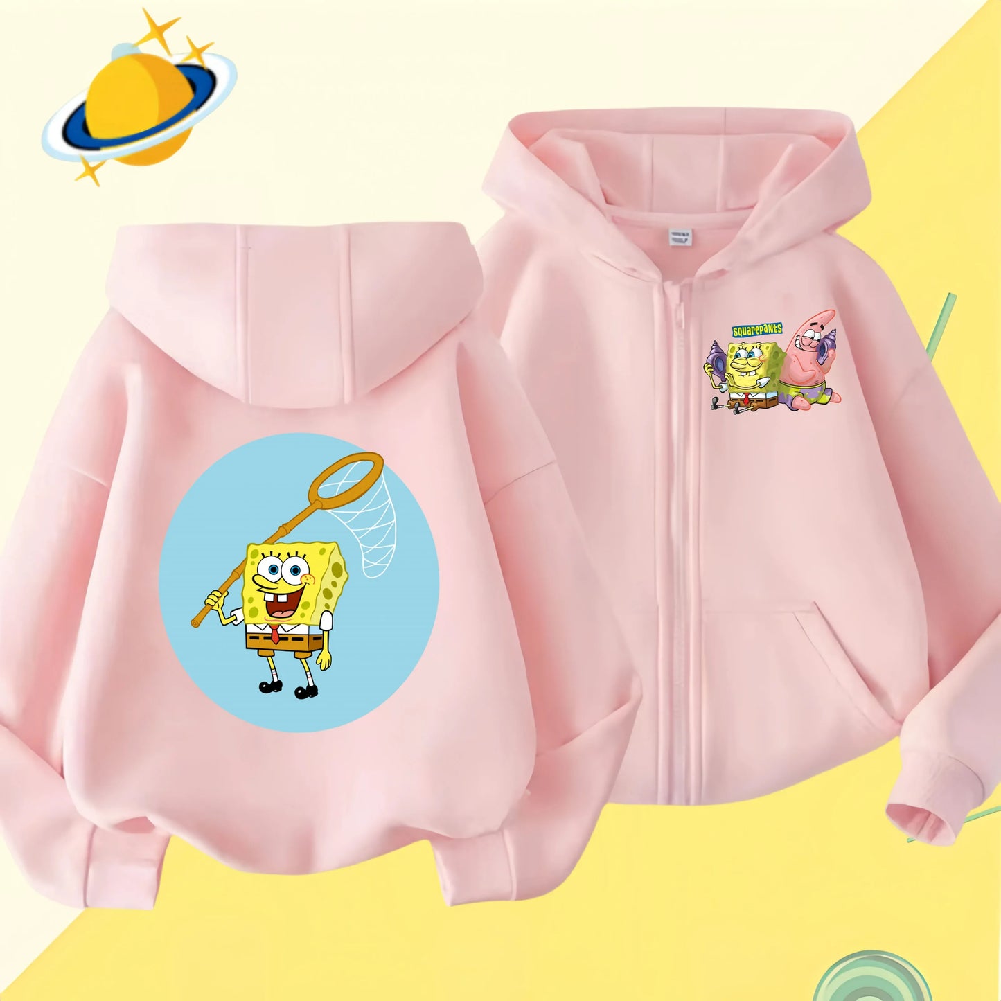 Spongebob Squarepants Zipper hoodie Cartoon Family Sweater for Autumn and Winter Thin or Fleeced Long-Sleeved Hooded Sweatshirt