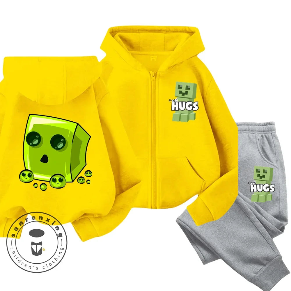 New Disney Minecraft Printed Pattern Children's Zipper Hoodie Set Cute Girls' and Boys' Casual Sports Hoodie Set Campus Style