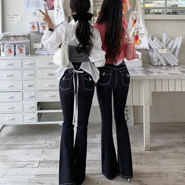 SHIAJIA Black Stretch Flare Jeans Women Pocket Streetwear Korean Chic Elastic Denim Pants Female Full Length High Waisted Jeans