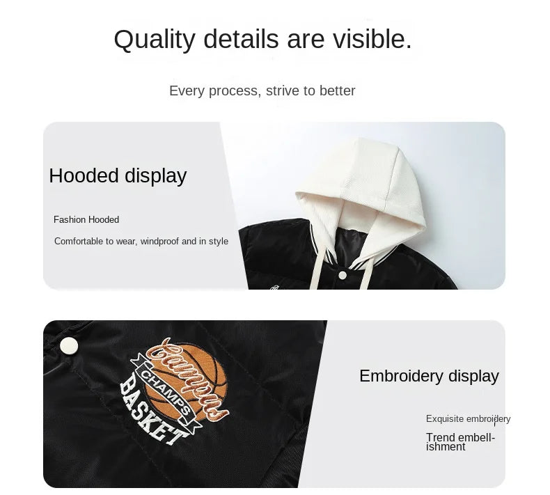 2024 New Winter Men Jacket Basketball Thickened Warm Coats Man Casual Hooded Jackets Fashion Hip Hop Street Wear Top Clothing