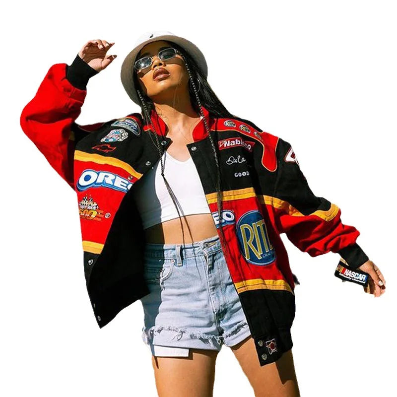 Women Bomber Jacket Motorcycle Jacket Print Streetwear Hip Hop Sportswear Long Sleeve Single-breasted Coat Loose Outdoor Tops