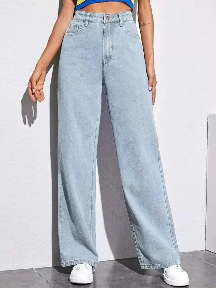 Jeans Women Long Pant Denim Pants Straight Trousers Elegant Splice Button High Waist Regular Casual Loose Autumn Winter