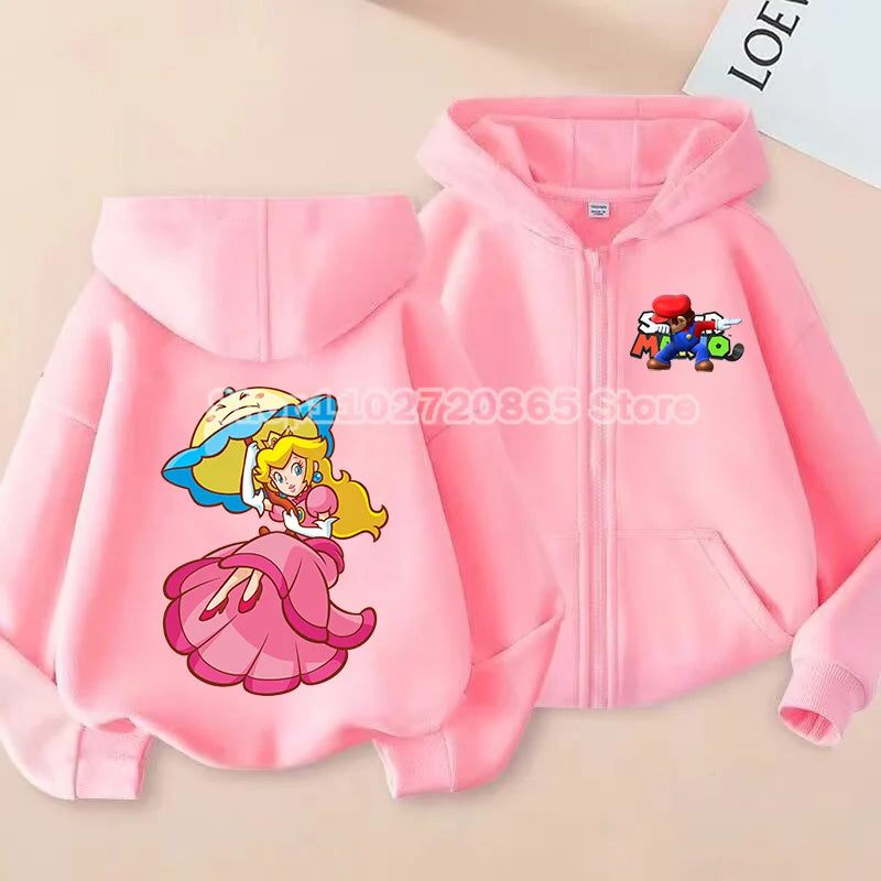 Super Mario Coat Cute Cartoon Game Cardigan Boys Girls Spring Autumn Thin Fashion Harajuku Hooded Zipper Sweatshirt Kids Gift