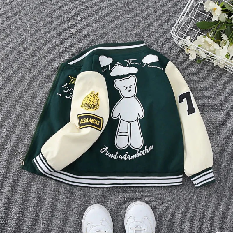 2024 Spring Autumn Baby Boys Jacket Fashion Cartoon Bear Pattern Kids Windbreaker Coats For Children Outerwear Clothing 2-12Year