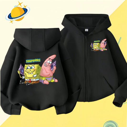 Spongebob Squarepants Zipper hoodie Cartoon Family Sweater for Autumn and Winter Thin or Fleeced Long-Sleeved Hooded Sweatshirt