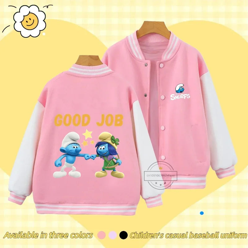 Smurfs Anime Men and Women's Casual Fashion Sports Baseball Jacket Cardigan Sweatshirt Jacket 3-14 Years Old Autumn