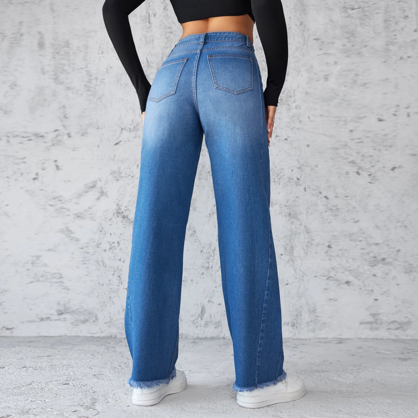 Washed Distressed Denim Straight Pants Vintage Women Jean Pockets High Waist Loose Fit Ankle Length Wide Leg Pants Basics