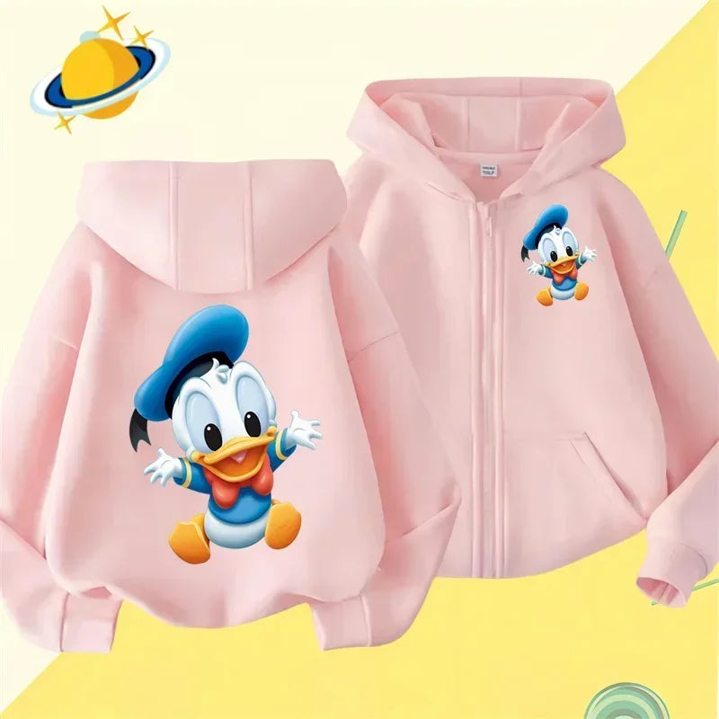 Donald Duck Kids Zipper hoodie Cartoon Print Disney Fall Winter Long sleeved sweatshirt Casual top Boys girls Kawaii clothing