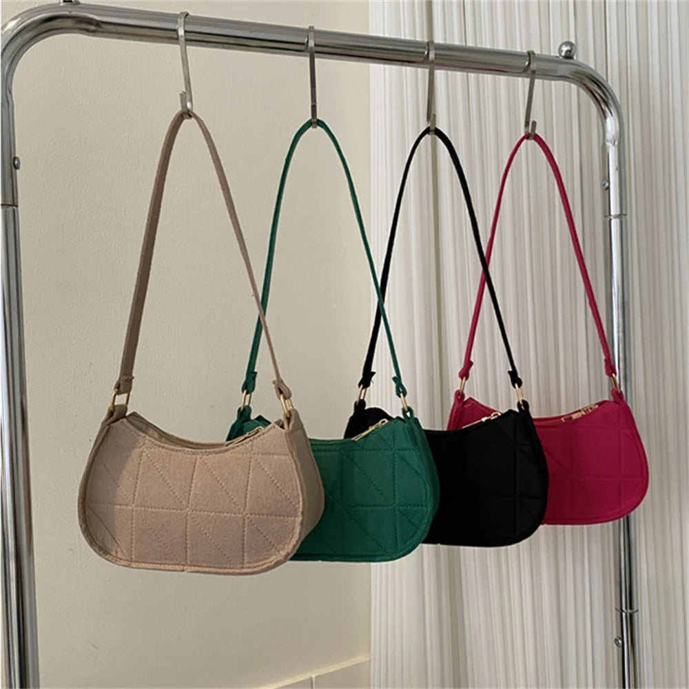 Fashion Felt Shoulder Bag Solid Color Mini Tote Bag Lightweight Casual Clutch Purse Women Girls Armpit Handbags Subaxillary Bag