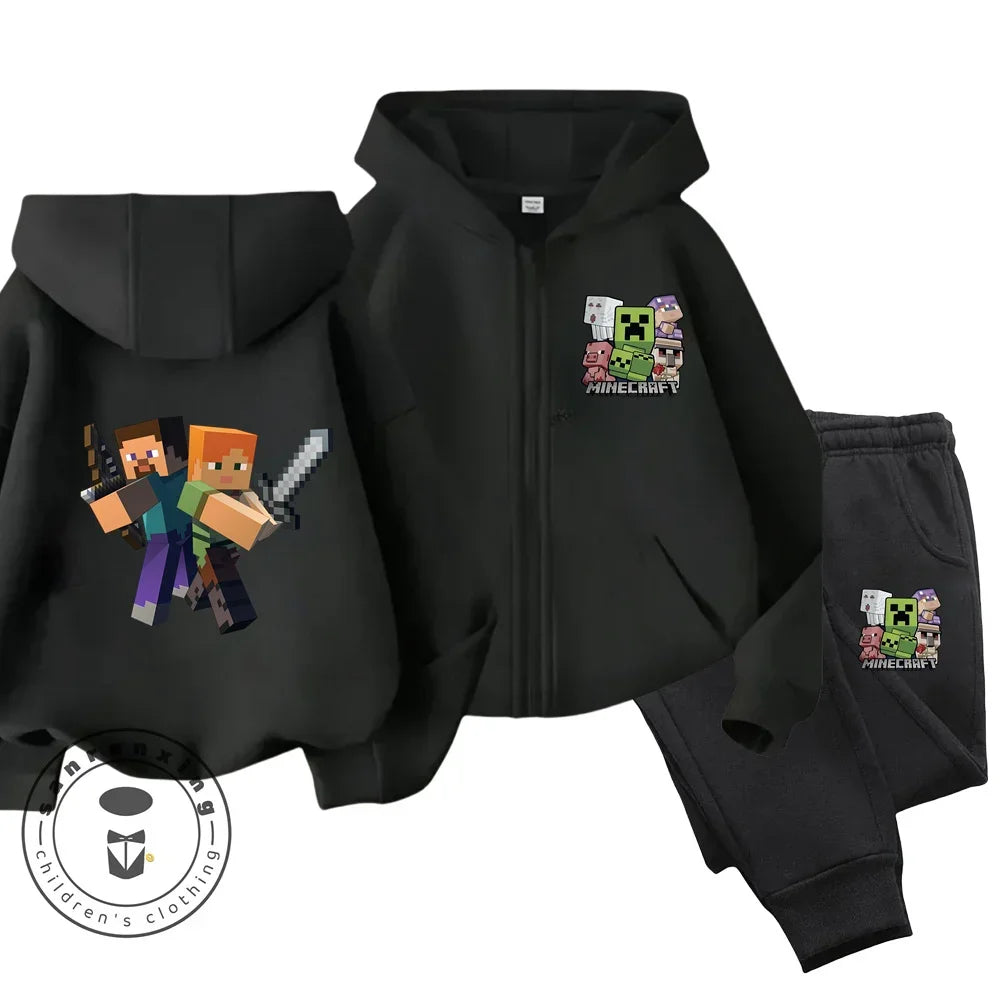 2024 New Minecraft Cherry Printed Hooded Zipper Hoodie Set for Boys and Girls Casual Top Children's Sports Comfort Set