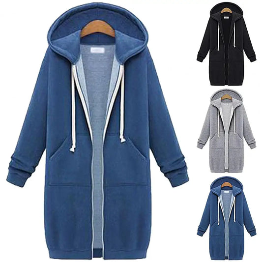 Solid Color Side Pockets Jacket Hoodie Long Sleeve Zipper Closure Drawstring Hooded Sweatshirt Ladies Clothing