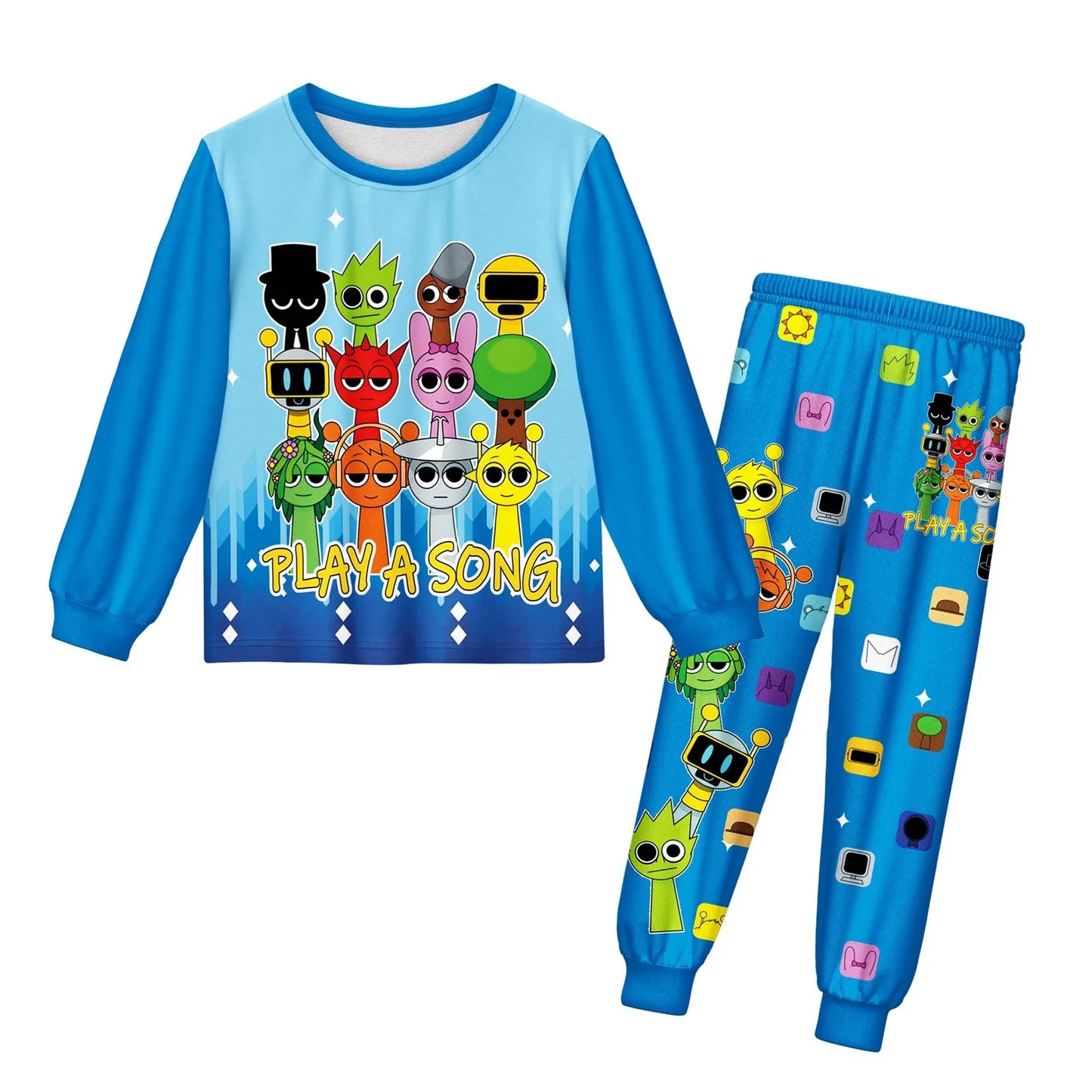 Sprunki Pajama Sets Kids Cartoon Incredibox Clothes Toddler Boys Daily Nightgowns Baby Girls Long Sleeve T Shirt+Pants 2pcs Sets