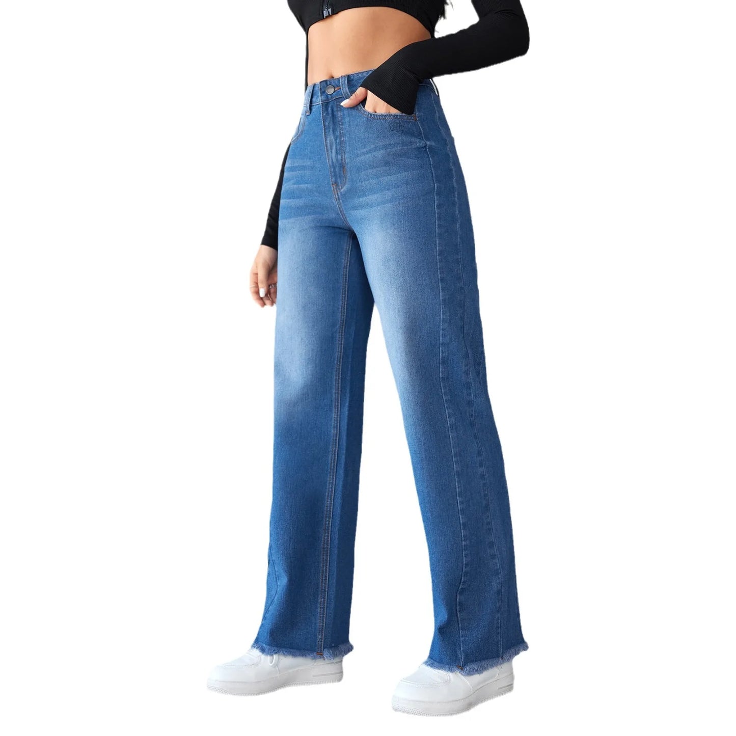 Washed Distressed Denim Straight Pants Vintage Women Jean Pockets High Waist Loose Fit Ankle Length Wide Leg Pants Basics