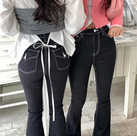 SHIAJIA Black Stretch Flare Jeans Women Pocket Streetwear Korean Chic Elastic Denim Pants Female Full Length High Waisted Jeans