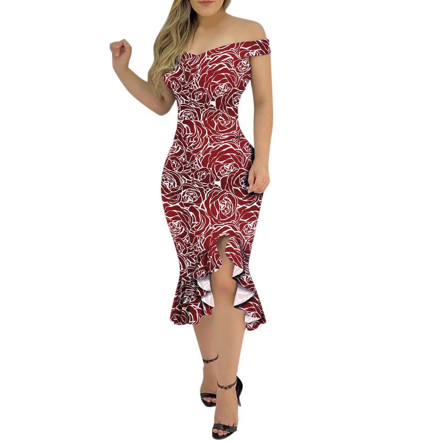 Ladies Off Shoulder Ruffle Hem Cocktail  Elegant Summer Dress