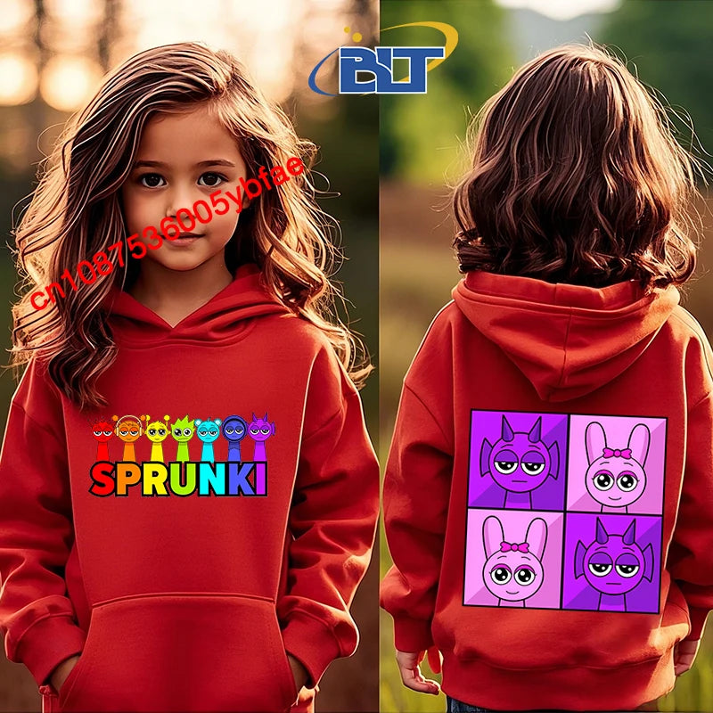 Cartoon Sprunki printed children's clothing kids hoodie red sports sweater casual tops for girls