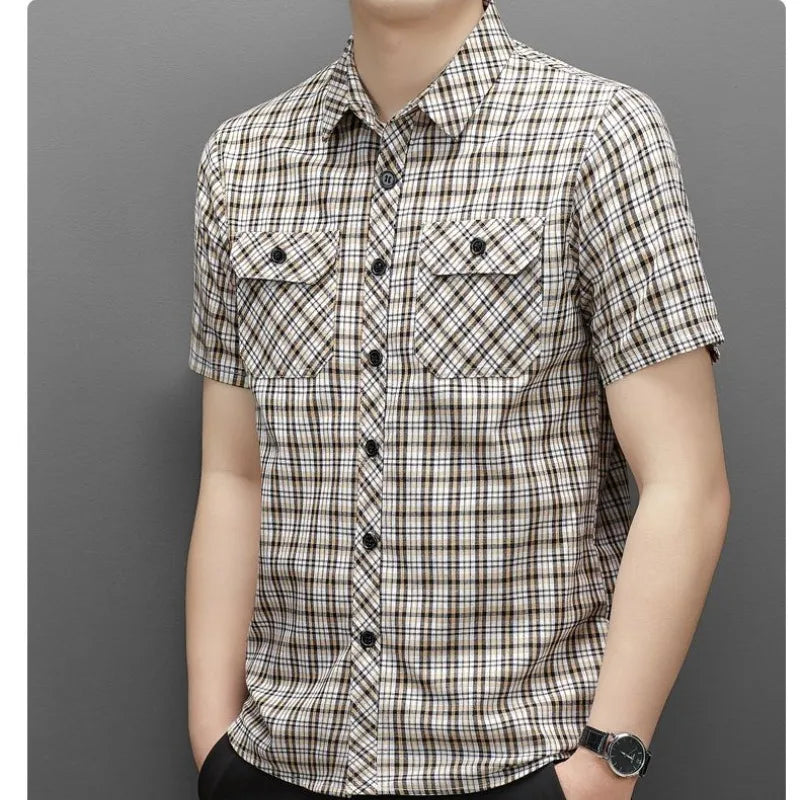 Summer Cotton Men's New in Shirt Slim Fit Plaid Striped Fashion Vintage Tops