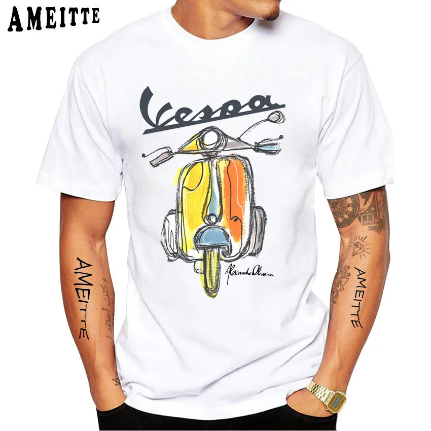 New Summer Men's Short Sleeve Retro Classic Vespa Italy Scooter Art Print T-Shirt Hip Hop Boy Casual White Tops Vintage Man Tees