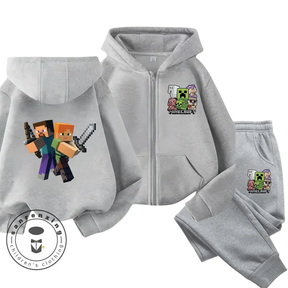 2024 New Minecraft Cherry Printed Hooded Zipper Hoodie Set for Boys and Girls Casual Top Children's Sports Comfort Set