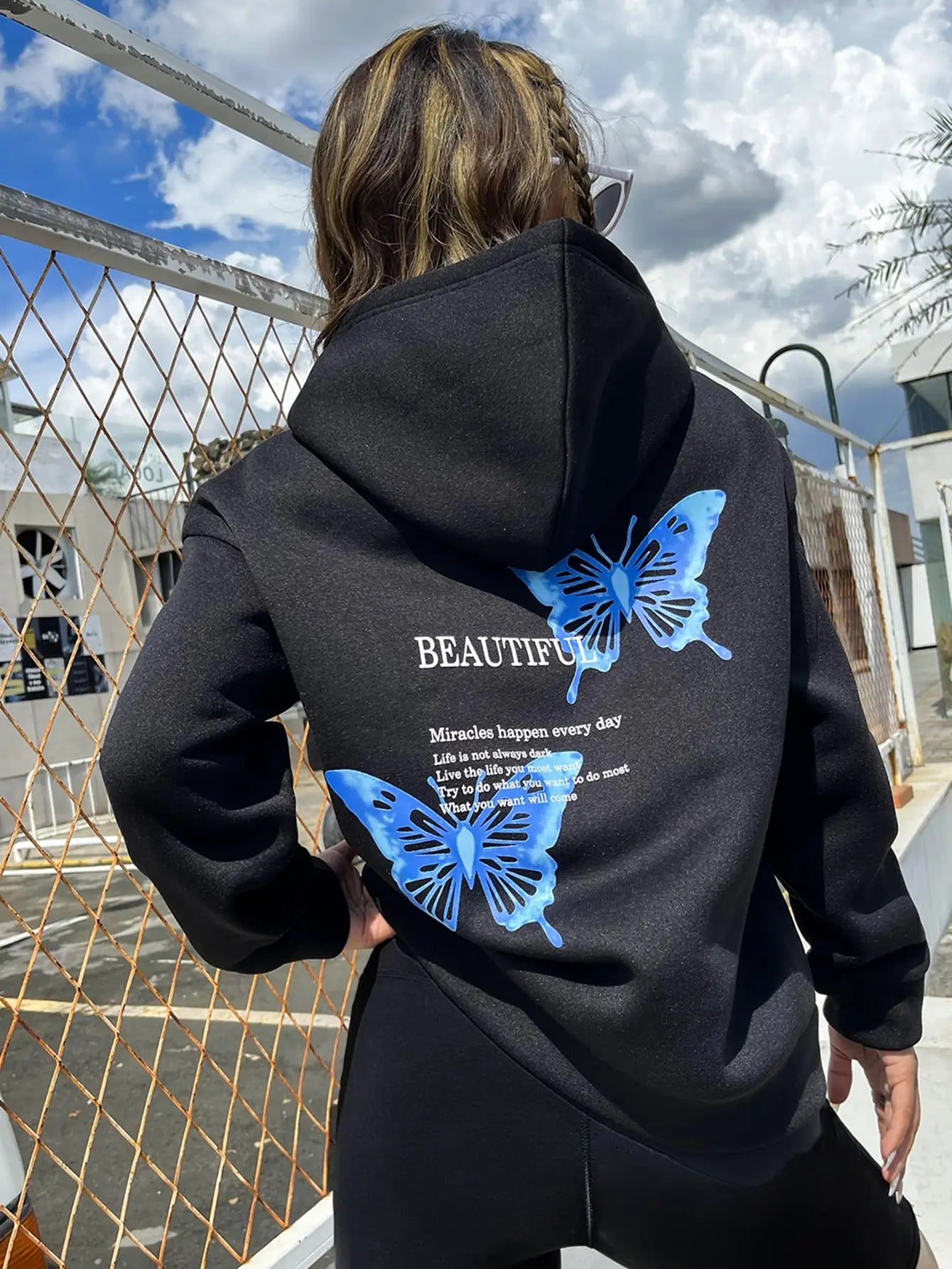 Blue Butterfly Art Letter Slogan Design Women Hoodie Comfortable Pullovers