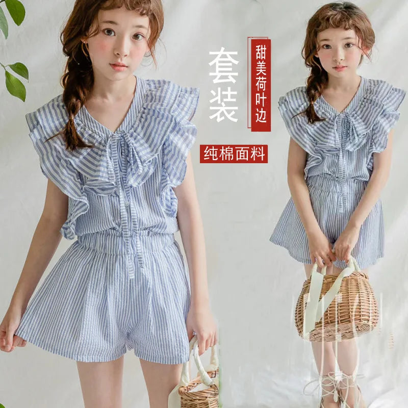 2024 new Summer baby Girls Kids Clothes flounce chiffon stripe plaid T Shirt blouse + hot Pants teens 7 8 9 10 11 12 13 14 Years