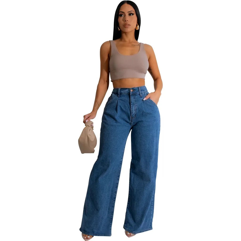 Jeans Women Long Pants Denim Wide Leg Pant Slim Fit Casual Y2k Streetwear Button Pocket High Waist Elegant Straight Trousers