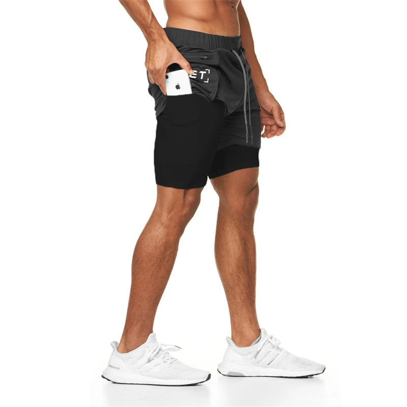 Men Sportswear Double-deck Running Shorts 2 In 1 Summer Short Pants