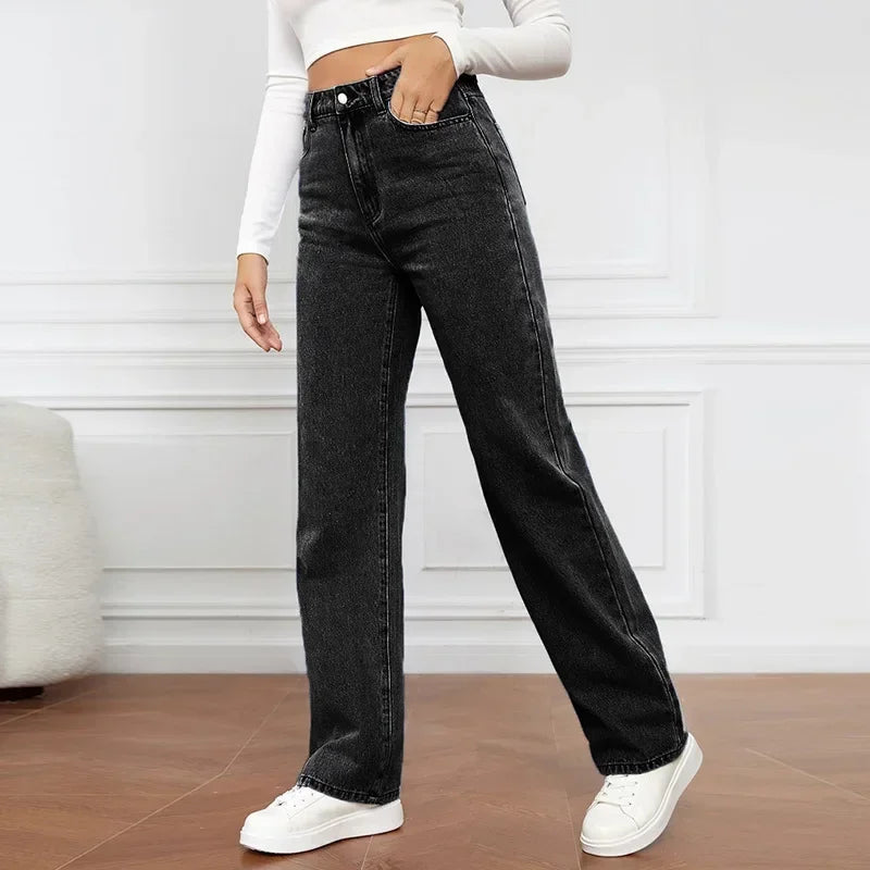 Denim Jeans Women Straight Pants Washing High Waist Loose Pockets Basics Ankle Length Y2k Blue Pants Streetwear Slight Strech