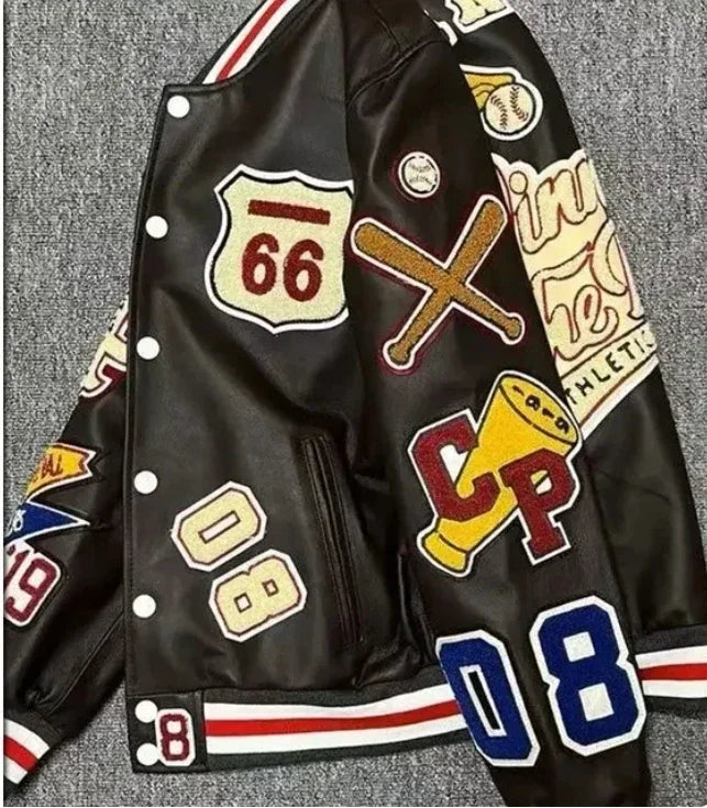 American retro high street embroidered jacket splicing print black eight baseball jacket 2024street wear baseball uniform jacket