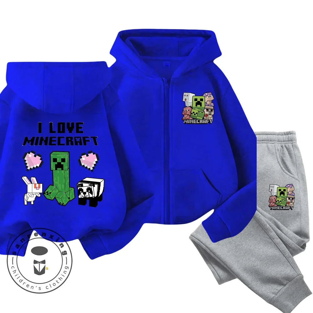 Melody Anime Printed Boy's and Girl's Minecraft Hoodies Zipper Set Casual Sports Fashion Top,Pants for Ages 3-14