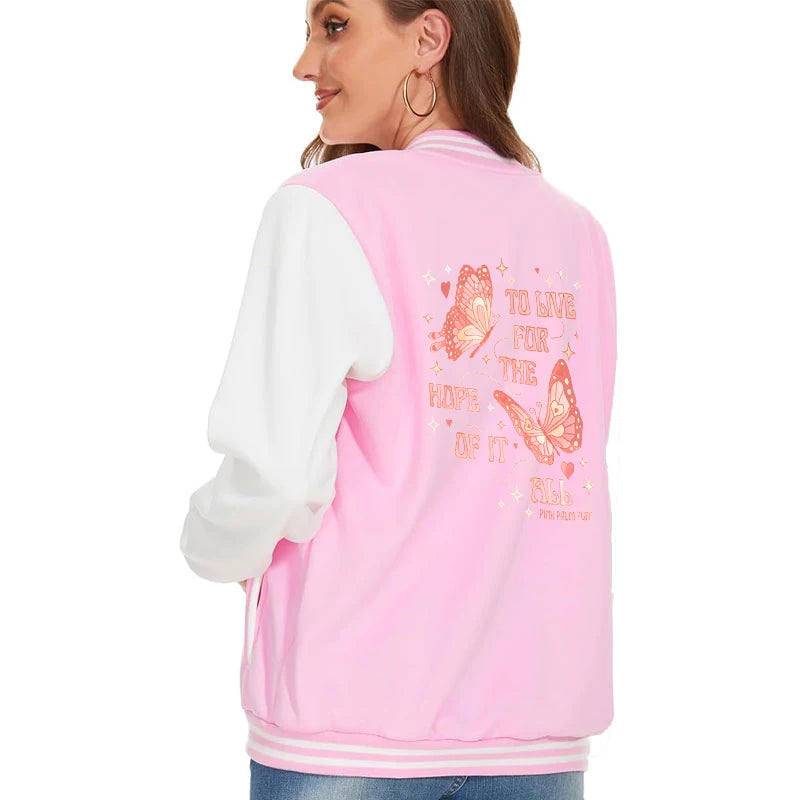 Positive Quote Letter Graphic Print Baseball Jacket Women Pink Palm Puff Butterfly Y2K Design Overcoat Butterfly Lover Jackets