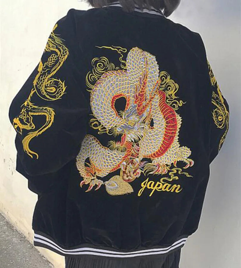 Unisex Spring Autumn Velveteen Baseball Jacket Men Women Luxury Sukajan Dragon Embroidery Bomber Coat Japanese 2024