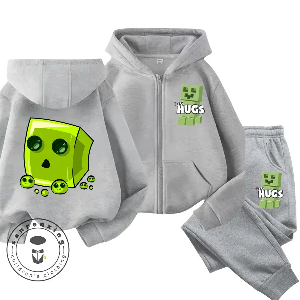 New Disney Minecraft Printed Pattern Children's Zipper Hoodie Set Cute Girls' and Boys' Casual Sports Hoodie Set Campus Style