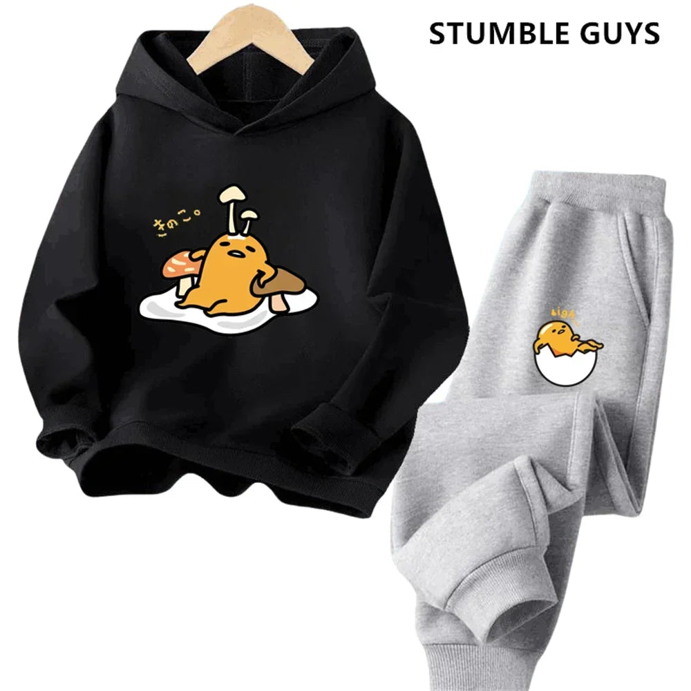 Gudetama Trucksuit Cartoon Boys and Girls 3-14 Years Old Kawaii Street Casual Sweatshirt Children's Outdoor Sports Hoodie Set