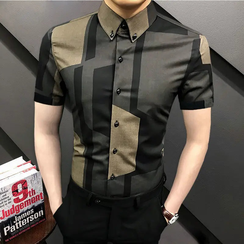 Fashion Lapel Short Sleeve Printed Plaid Shirt Men's Clothing 2023