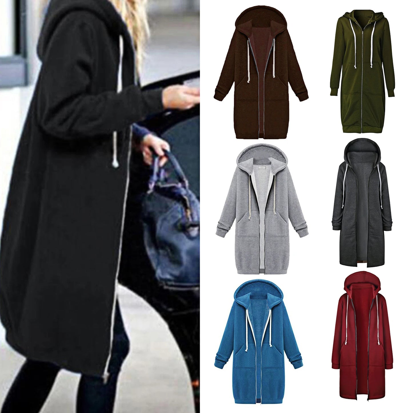 Solid Color Side Pockets Jacket Hoodie Long Sleeve Zipper Closure Drawstring Hooded Sweatshirt Ladies Clothing