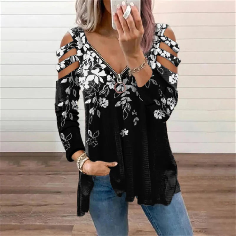 Cold Shoulder T-shirt Ladies Long Sleeve Blouse Tunic Tops High Quality Clothing