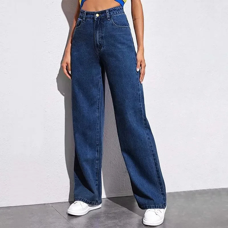 Jeans Women Long Pant Denim Pants Straight Trousers Elegant Splice Button High Waist Regular Casual Loose Autumn Winter