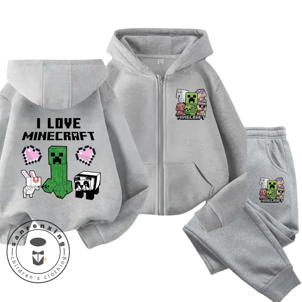 Melody Anime Printed Boy's and Girl's Minecraft Hoodies Zipper Set Casual Sports Fashion Top,Pants for Ages 3-14