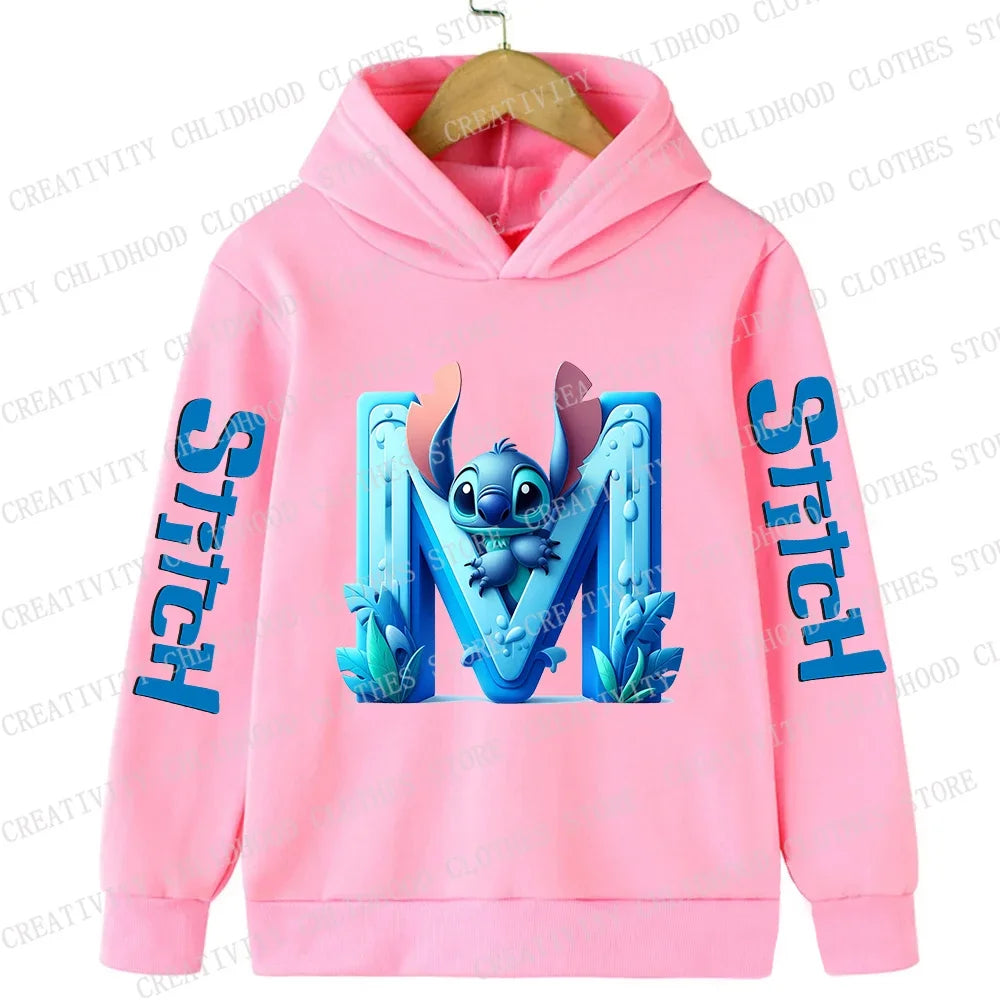 Stitch Children Hoodies 26 English Letters ABCD Kids Winter Pullover Casual Clothes Kid Girl Boy Cartoon Kawaii Tops Sweatshirts