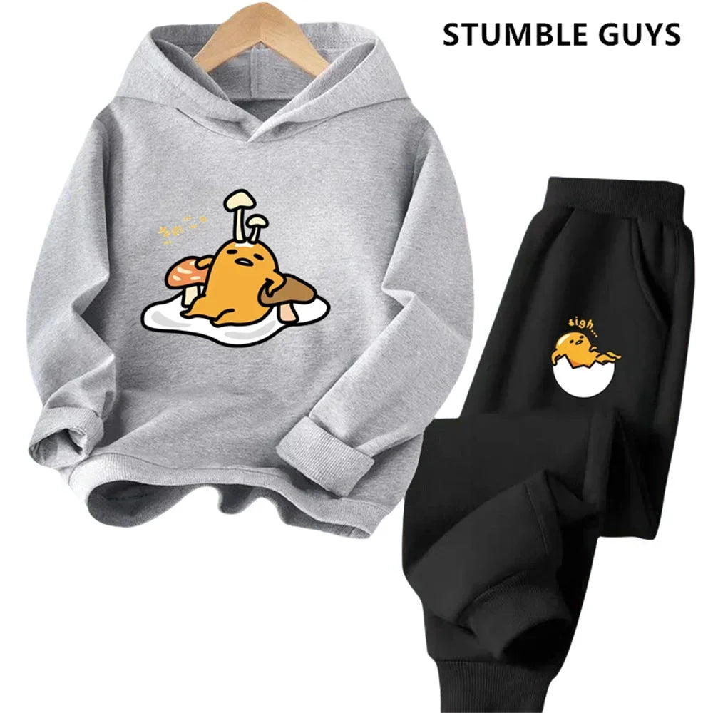 Gudetama Trucksuit Cartoon Boys and Girls 3-14 Years Old Kawaii Street Casual Sweatshirt Children's Outdoor Sports Hoodie Set