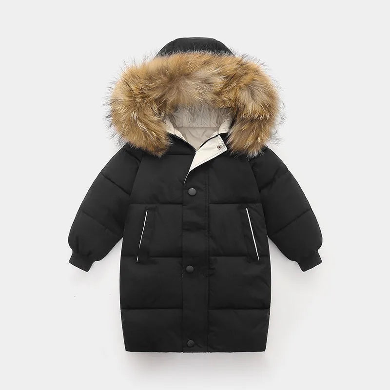 Kids Thicken Warm Down Coat Boys Winter Real Fur Hooded Long Parkas Girls Cotton Down Jackets Outerwears Teen Children Clothing